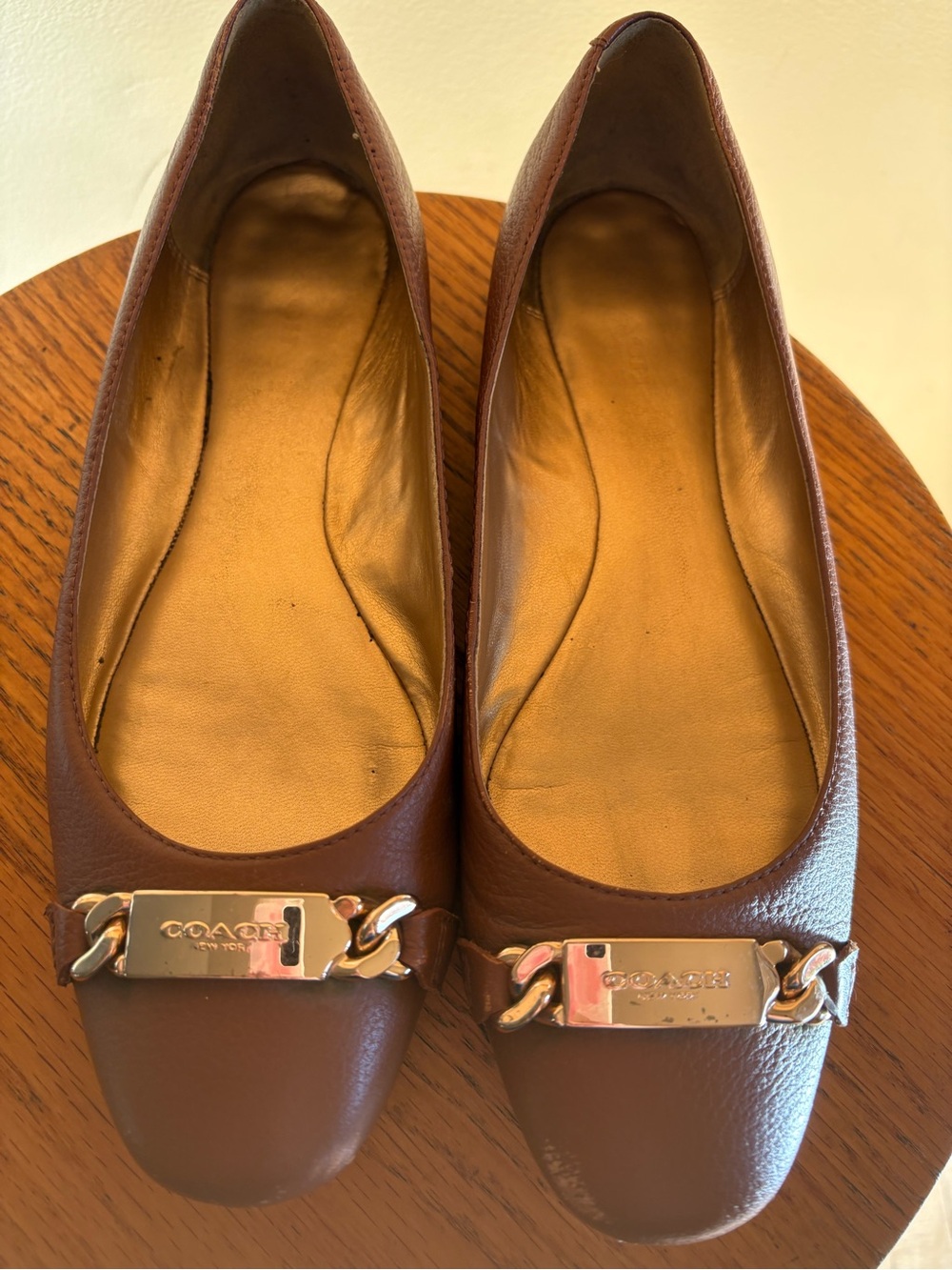 Coach Brown Leather Square Toe Ballet Flats Gold Logo Hardware